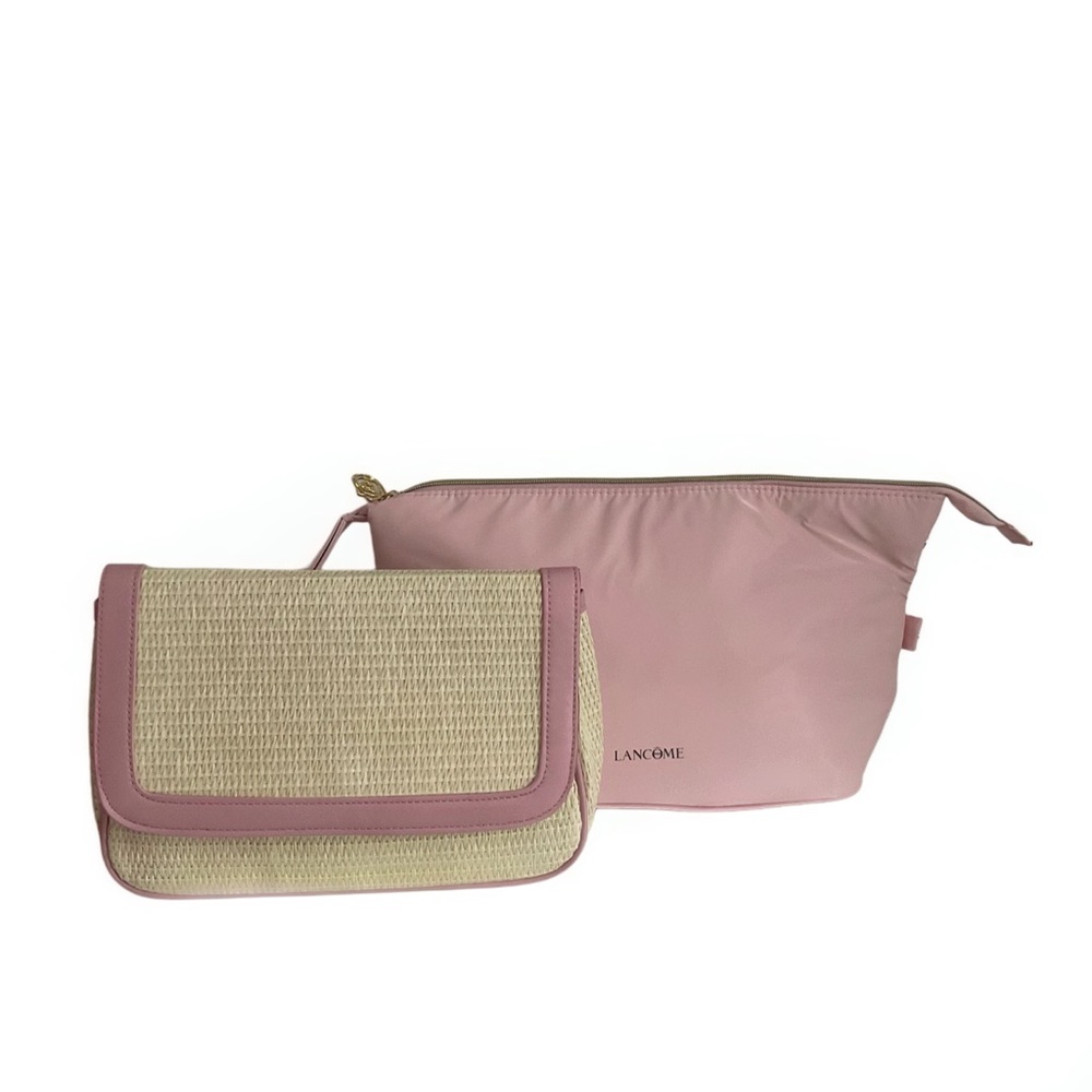 Lancôme Paris Pink and Raffia Women's Cosmetic Bag Set of 2